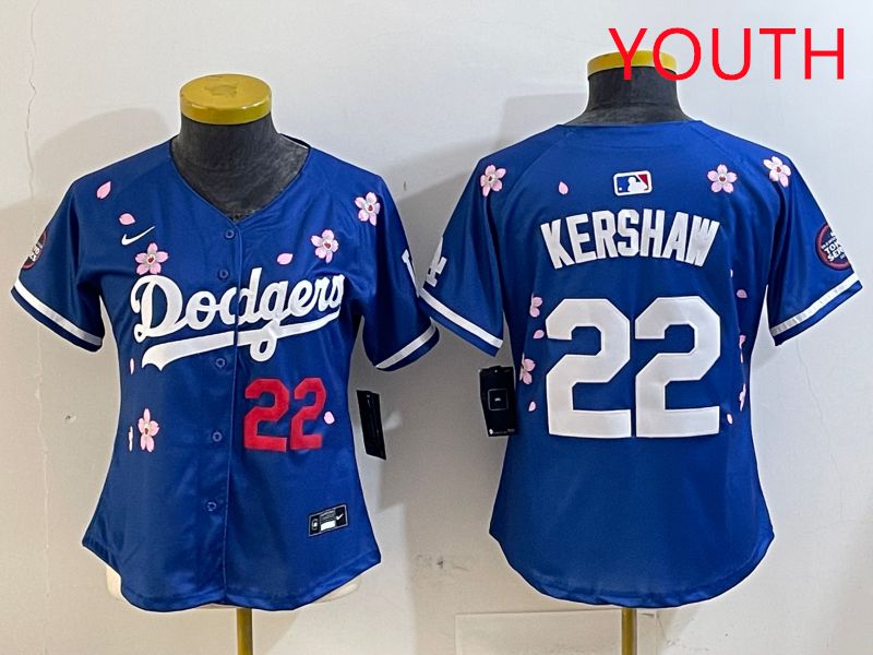 Youth Los Angeles Dodgers #22 Kershaw Blue White Blue Sakura Edition 2025 Nike MLB Jersey style 3